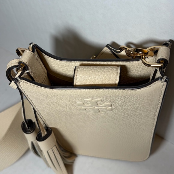 Tory Burch Thea Phone Crossbody Bag Beige Leather Shoulder Purse Tassel Logo - Picture 3 of 6